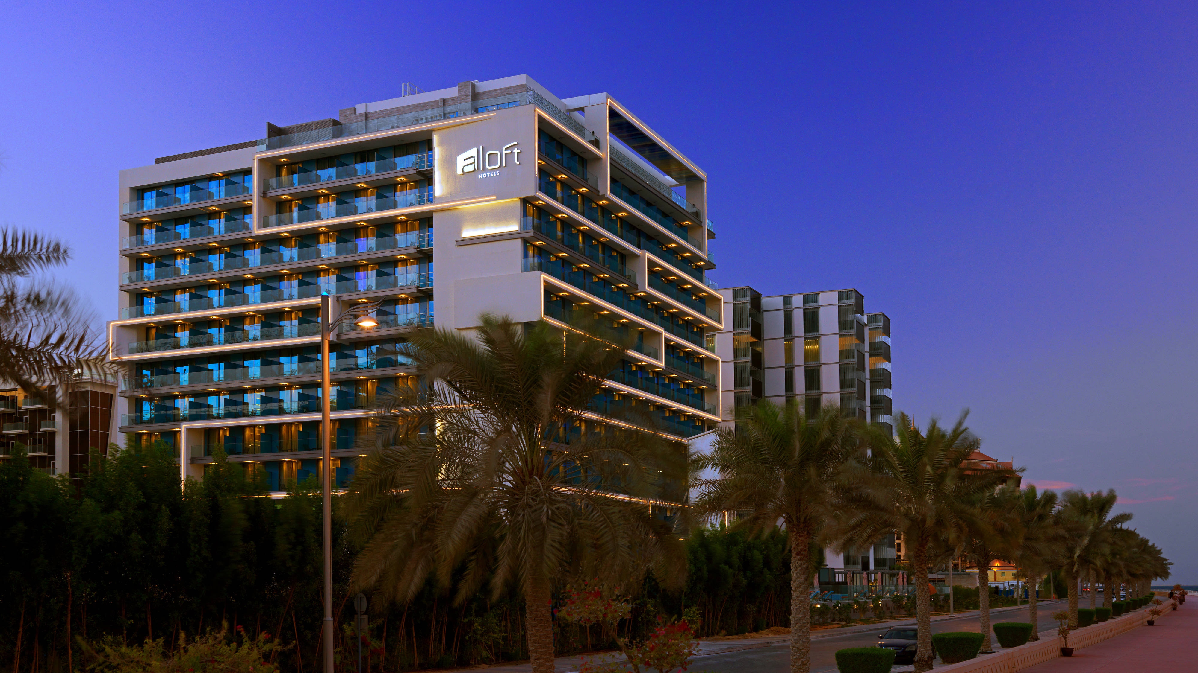 Aloft Palm Jumeirah hotel exterior with Arabian Gulf views